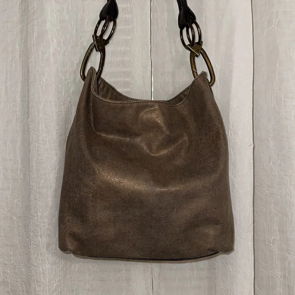 Braciano Metallic Canvas Tan Brown Leather Combo Hobo Shoulder Bag Purse